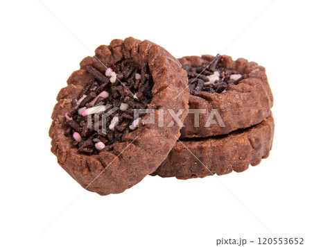 American dark chocolate round cookies isolated on the white background American dark chocolate round cookies isolated on the white background 120553652