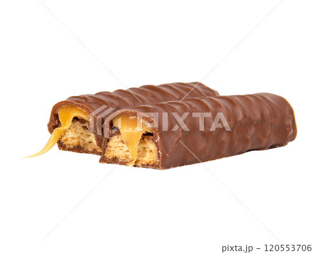 Tasty chocolate bar stick caramel isolated on the white background Tasty chocolate bar stick caramel isolated on the white background 120553706