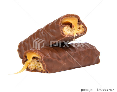 Tasty chocolate bar stick caramel isolated on the white background 120553707