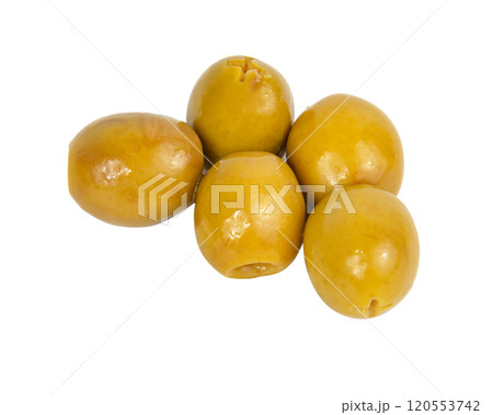 Many green olives pitted isolated on the white background Many green olives pitted isolated on the white background 120553742