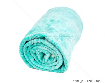 Green microfiber fabric material towel isolated on the white background 120553840