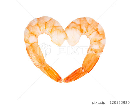 Two peeled shrimps heart love isolated on the white background Two peeled shrimps heart love isolated on the white background 120553920