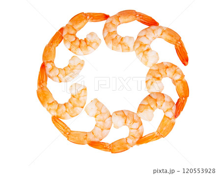 Many peeled shrimps in circle isolated on the white background 120553928