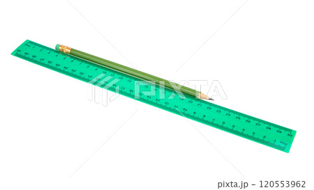 Green centimeter ruler and pencil isolated on the white background 120553962
