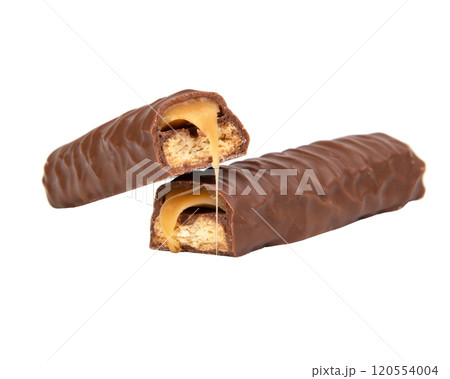 Tasty chocolate bar stick caramel isolated on the white background 120554004