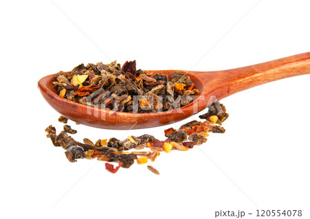 Aroma dried different spices in wooden spoon isolated on the white background Aroma dried different spices in wooden spoon isolated on the white background 120554078