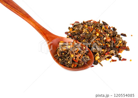 Aroma dried different spices in wooden spoon isolated on the white background 120554085