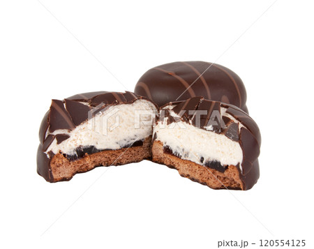 Cookie in chocolate glaze with mousse filling isolated on the white Cookie in chocolate glaze with mousse filling isolated on the white 120554125