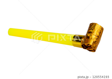 Rolled gold foil festive noisemaker or party whistle horn isolated on the white background 120554193