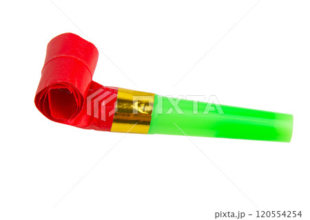 Carnival bright festive noisemaker or party whistle horn isolated on the white background 120554254