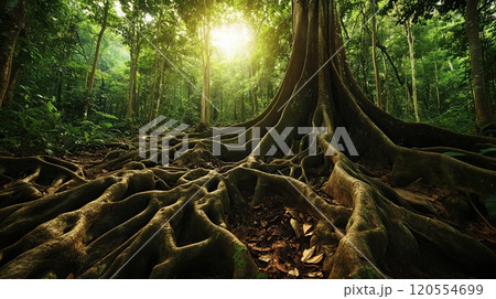 Ancient trees with massive roots 120554699