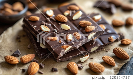 A chocolate bar with almonds on it A chocolate bar with almonds on it 120554737