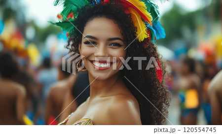 A happy carnival dancer smiling as they walked through a city 120554745