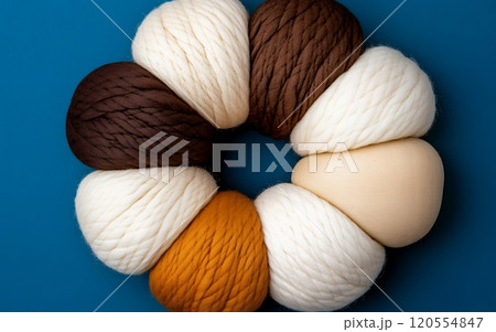 Circular arrangement of yarn balls in various natural colors from white to brown, creating harmonious pattern against blue background 120554847