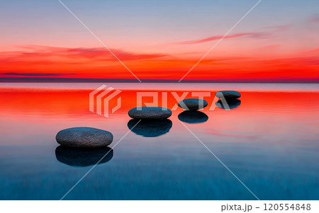 Stepping stones on calm water surface reflecting vibrant red sunset sky, creating peaceful zen atmosphere and perfect symmetry Stepping stones on calm water surface reflecting vibrant red sunset sky, creating peaceful zen atmosphere and perfect symmetry 120554848