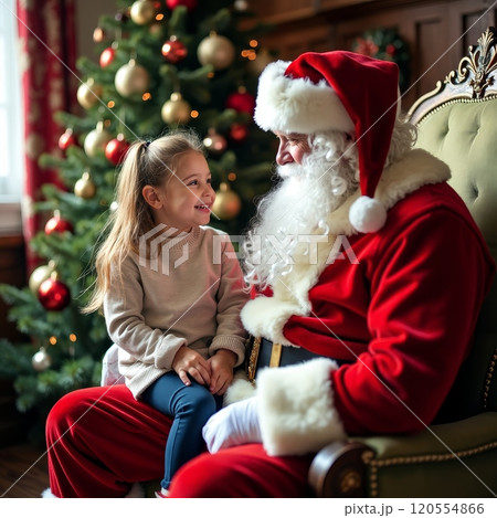 A joyful little girl sits on Santa's lap near a decorated Christmas tree, both smiling warmly, creating a magical holiday atmosphere filled with wonder and excitement 120554866