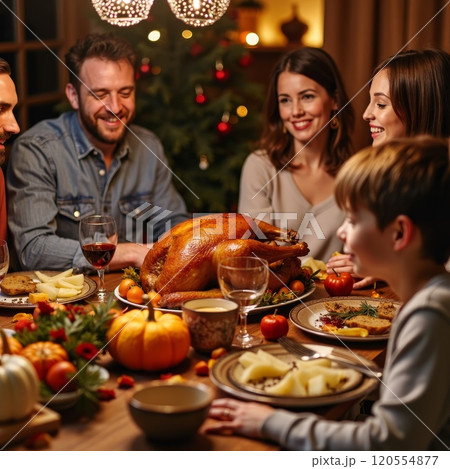 Happy multi-generational family gathered around table with roasted turkey and traditional dishes, celebrating Thanksgiving in festive home setting with Christmas tree 120554877