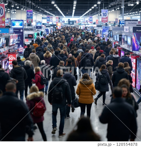 Massive crowd of shoppers browsing electronics and TVs in busy retail store during Black Friday sale, showcasing consumer culture and holiday shopping frenzy 120554878