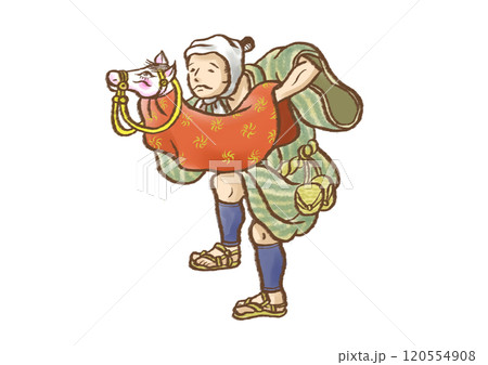 江戸時代の日本の伝統芸能の春駒で男が馬の人形を持って踊る 120554908