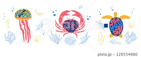 Set of Sea life lettering in groovy style 120554980