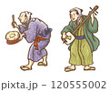 江戸時代の着物を着た男性が三味線や太鼓を演奏する 120555002