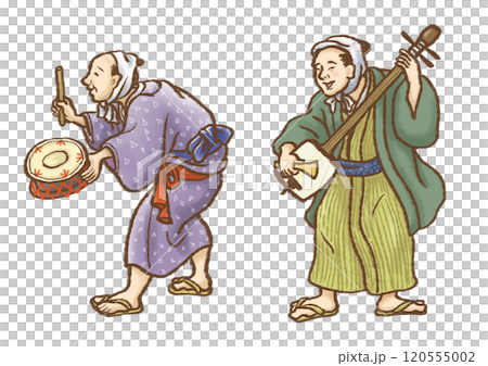 Men dressed in Edo period kimonos play shamisen and taiko drums 120555002