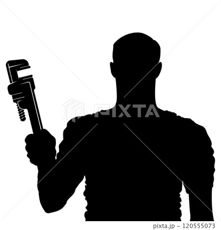 Repair worker with plumbing wrench in hand 120555073