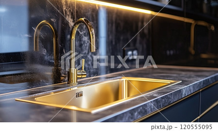 luxury kitchen sink with gold faucet 120555095