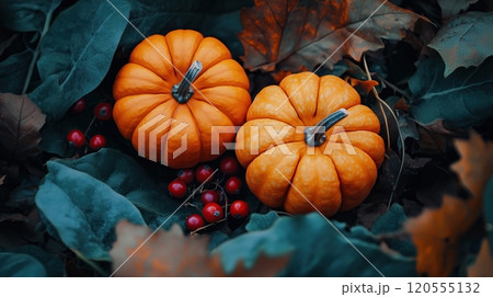 Pumpkins and berries among autumn leaves 120555132