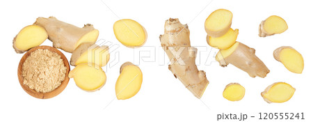 fresh ginger and ground ginger in wooden bowl spice isolated on white background. Top view. Flat lay 120555241