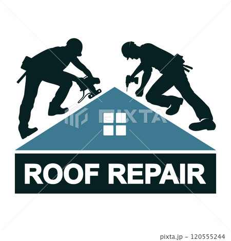 Roof repair and construction. Two roofers on the roof of a house 120555244