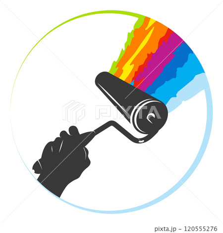 Roller splashes of colored paint in hand symbol 120555276