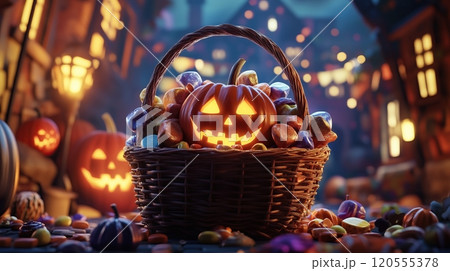 Cute halloween basket full of sweets 120555378