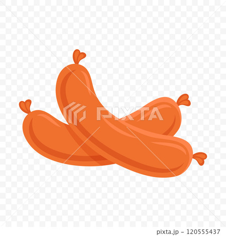 Vector Cartoon Illustration of Two Sausages. Flat Colored Food Design of Tasty Meat Snack, Barbecue Sausages. Grilled Sausage Art. Hot Dog Ingredient, Summer Picnic Food. Detailed Sausage Illustration 120555437
