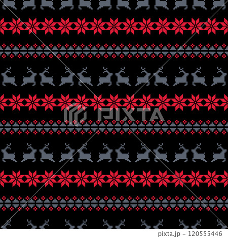 Christmas Sweater Pattern Design Seamless Pixel Art background. Nordic Xmas style Rows of Reindeer, Snowflakes, Stars, Holly Berries, and trees on a black Background, with Red and Gray knit details 120555446