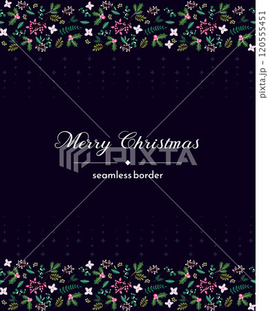 Merry Christmas and Happy Holidays card template with New Year flowers, berries, branches, foliage items on blue background design. Festive Modern universal artistic vector template 120555451