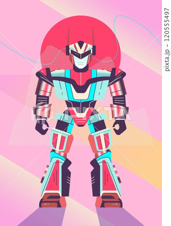 Retro Style Robot Warrior with Protective Armor in Geometric Art on Pink Background Retro Style Robot Warrior with Protective Armor in Geometric Art on Pink Background 120555497