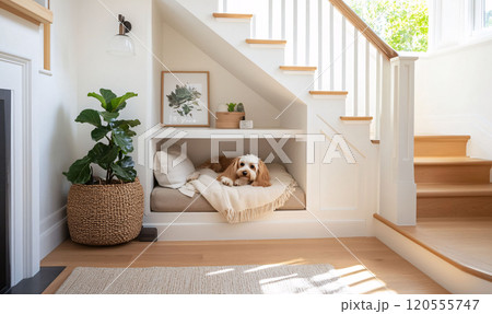 Small Dog Resting in Modern Under-Stair Nook 120555747