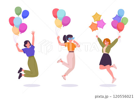 Jumping female characters. Cheerful girls with helium balloons in hands, women floating with colorful balloons flat vector illustration set. Happy girls with balloons 120556021