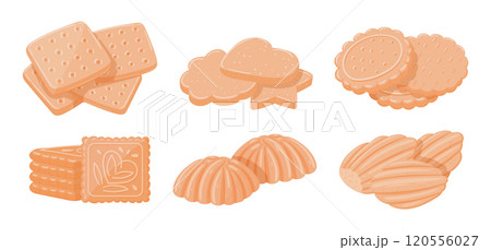 Shortbread cookies. Cartoon delicious cookies, tasty buttery and crumbly cookies of various shapes flat vector illustration set. Homemade cookies piles 120556027
