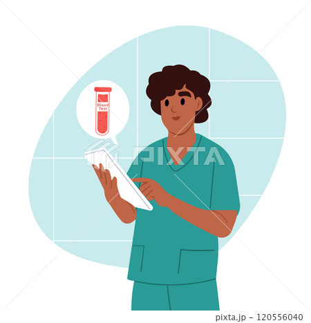 Doctor examines a tube with a blood sample for analysis. Sample blood analysis. Vector illustration in flat style 120556040