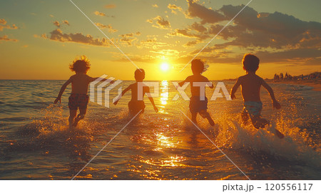Joyful children running along the beach at sunset Joyful children running along the beach at sunset 120556117