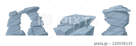 Cartoon rock stones. Granite rocks, heavy gray stones, layered rocks flat vector illustration set. Mountain rocks collection 120556135