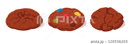 Cartoon chocolate cookies. Homemade crispy cookies with colorful dragee, tasty choco cookies flat vector illustration set. Sweet chocolate pastry on white Cartoon chocolate cookies. Homemade crispy cookies with colorful dragee, tasty choco cookies flat vector illustration set. Sweet chocolate pastry on white 120556203