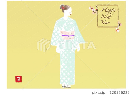 着物を着た女性の年賀状テンプレート 120556223