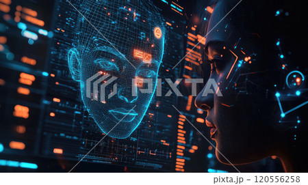 Woman looks at digital interface with cybernetic data displays, face and ai elements. Concept of facial recognition, screen, technology, display 120556258