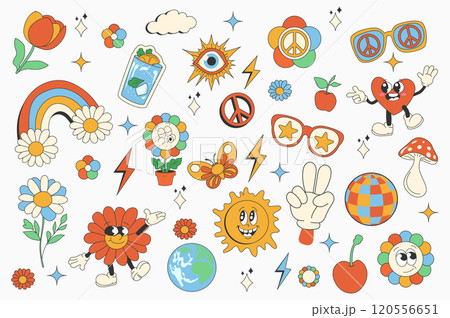 Vintage groovy set elements in flat graphic design. Collection of clouds, rainbow, eyes, peace, sunglasses, daisy, butterfly, heart, sun, mushroom, disco ball other funky mascots. Vector illustration. Vintage groovy set elements in flat graphic design. Collection of clouds, rainbow, eyes, peace, sunglasses, daisy, butterfly, heart, sun, mushroom, disco ball other funky mascots. Vector illustration. 120556651