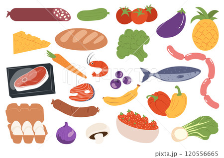 Food products set elements in flat graphic design. Collection of sausage, cucumber, tomato, eggplant, pineapple, cheese, bread, broccoli, steak, carrot, shrimp, fish, egg, other. Vector illustration. 120556665