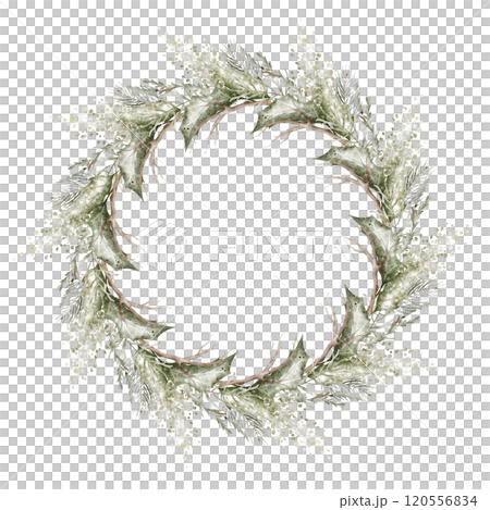 Christmas wreath ornament with dry twig. Watercolor Winter Botanical Xmas frame. Vintage Border of fir branch, berries, plant on white background. Holiday illustration for Xmas design. 120556834