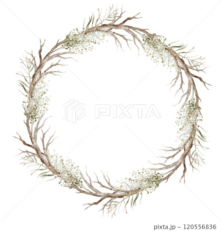 Christmas wreath ornament with dry twig. Watercolor Winter Botanical Xmas frame. Vintage Border of fir branch, berries, plant on white background. Holiday illustration for Xmas design. Christmas wreath ornament with dry twig. Watercolor Winter Botanical Xmas frame. Vintage Border of fir branch, berries, plant on white background. Holiday illustration for Xmas design. 120556836